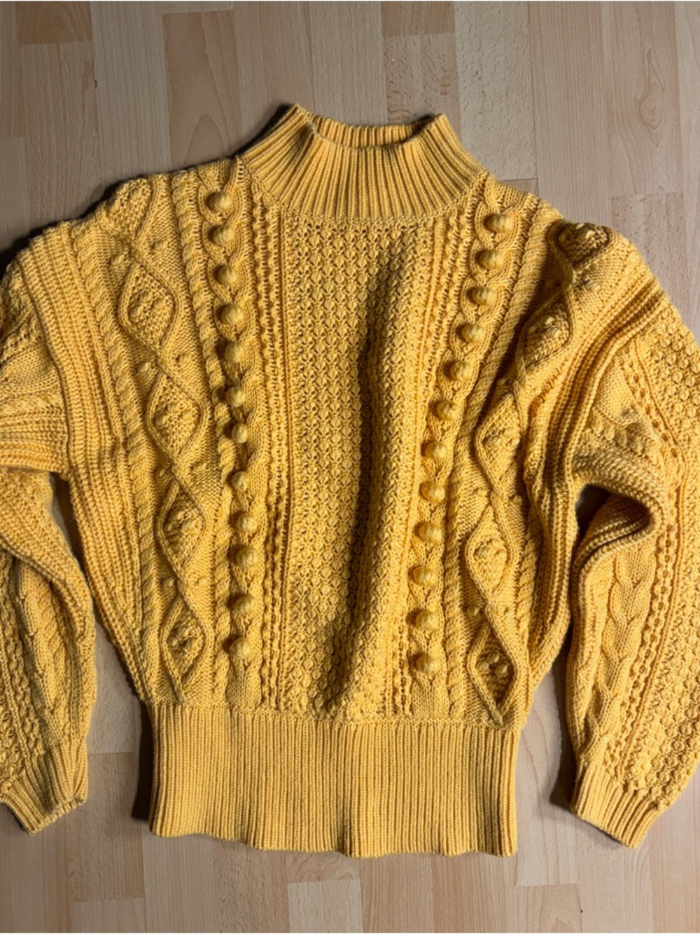 Sezane Amaury Cableknit Bobble Mustard Yellow High Neck Sweater Wool Blend - Picture 6 of 14